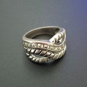 Chic Silver-Tone Crossover Ring with Pave Crystal Accents